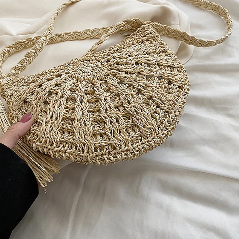 Mode Halbkreis Stroh Gewebt Schulter Umhängetasche Reise Kleine Handtasche Damen Sommer Handgemachte Rattan Quaste Design Strand Tasche – Detail 17