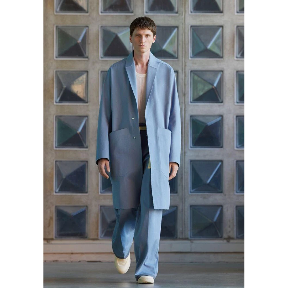 Blue Fashion Long Blazer Single Breasted Men Suit Two Pieces(Jacket+Pants) Lapel Outfits Chic Casual Party Prom Wedding Set