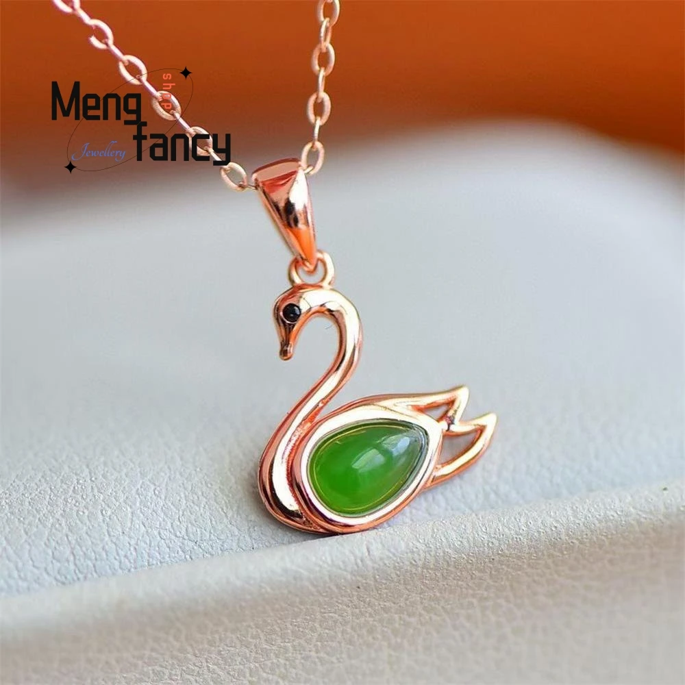 925 Silver Lnlaid Natural Hetian Jade Jasper Cygnet Customized Pendant Fashion Luxury Couple Jewelry Amulets Mascots Women Gifts