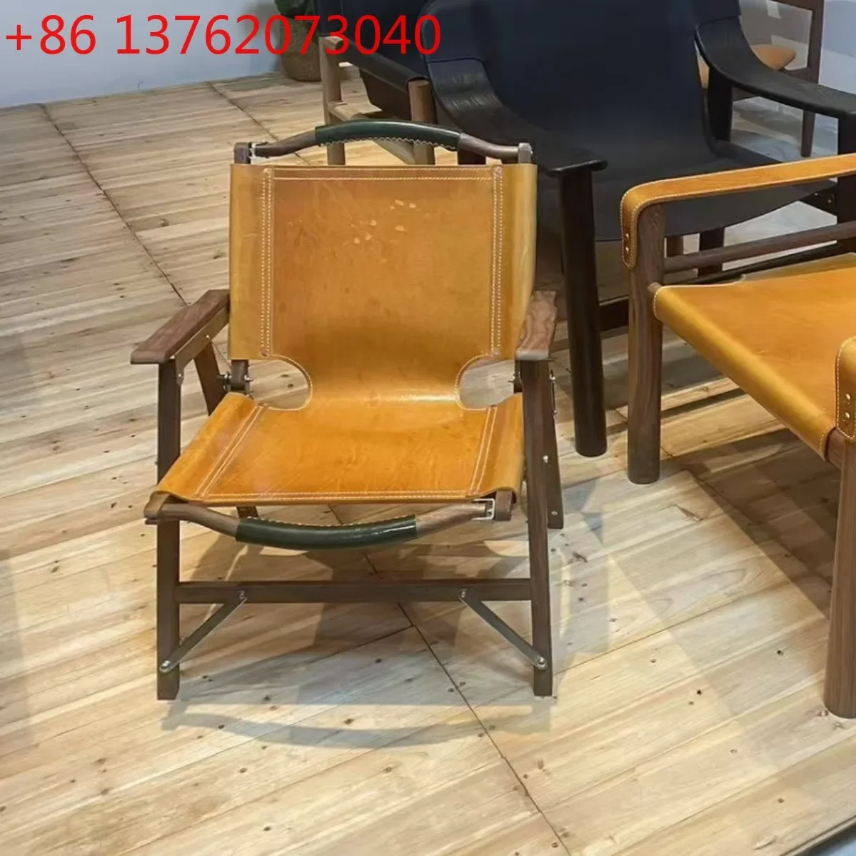 Outdoor Solid Wood Walnut Ash Wood Saddle Leather Portable Folding Chair