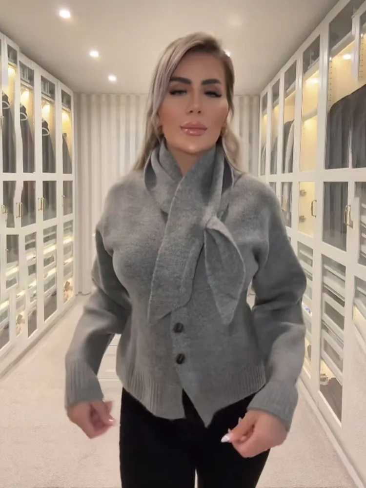 

HH женские весенние модные вязаные топы, однотонный шарф с воротником и длинными рукавами, однобортные кардиганы, женские повседневные тонкие свитера, пальто