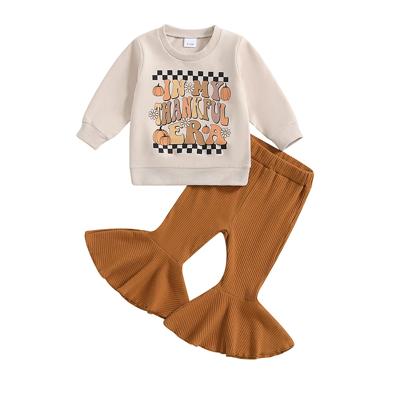 

Little Girl Thanksgiving Outfit Letter Print Long Sleeve Sweatshirt Ribbed Flare Pants 2 Piece Set for Fall