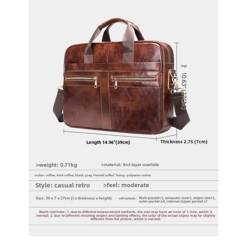 Men's Briefcase Leather Men's Bag Business Bag 14 Inch Computer Handheld Shoulder Business Bag