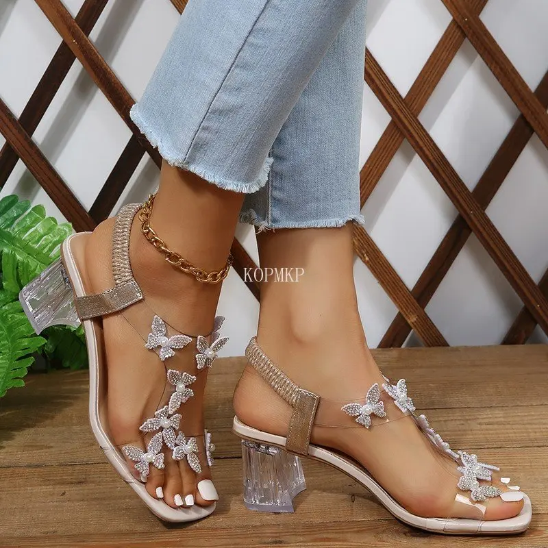 2023 Summer Women\'s Sandals Fashion Transparent PVC Rhinestone Butterfly Wrap Clear Heel Banquet Luxury Wedding Bridal Shoes 43