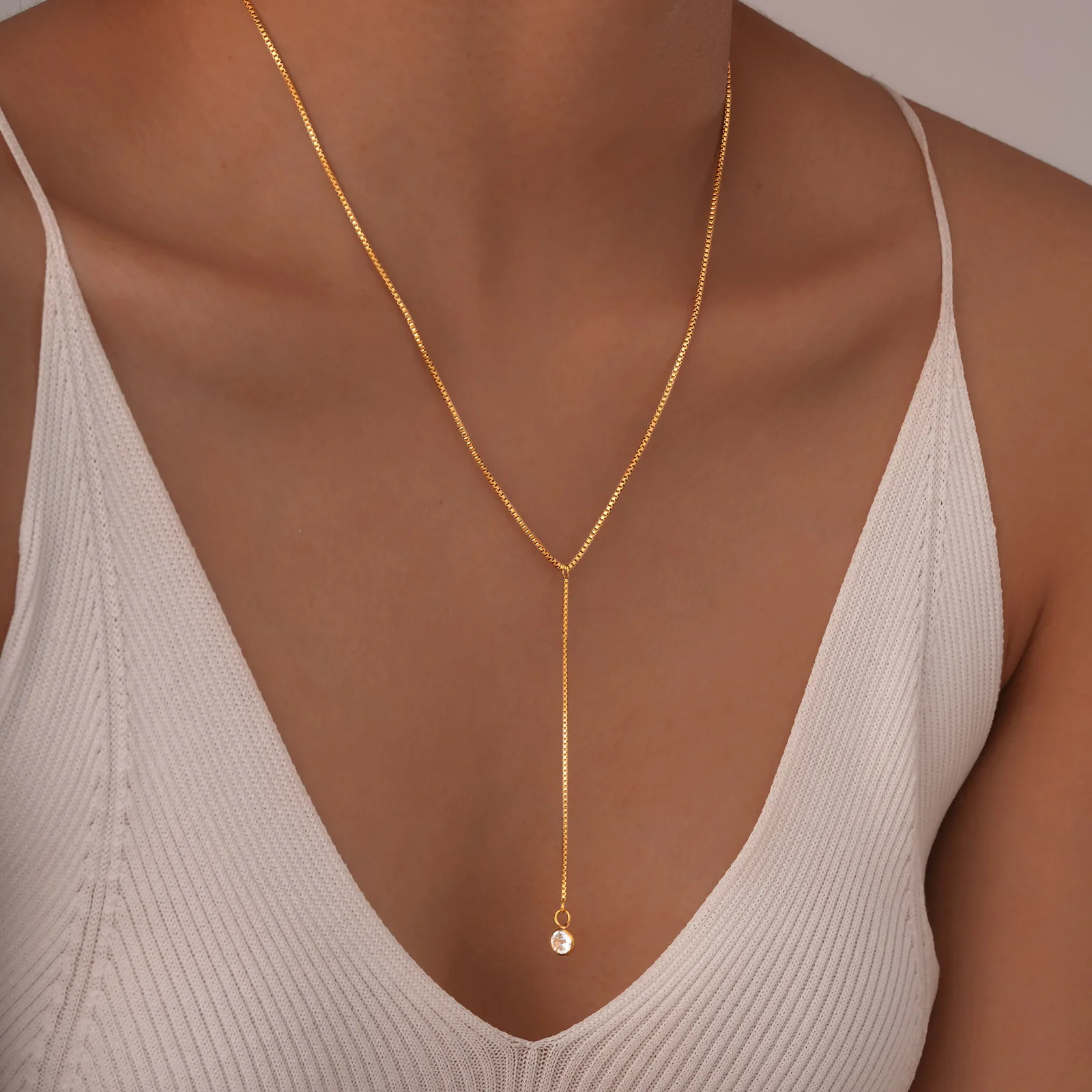 Vnox Gold Plated Y Necklace for Women,Dainty Lariat Necklace,Sexy Y Shaped Bar Zircon Bead Necklaces,CZ Stone Drop Necklace image 2