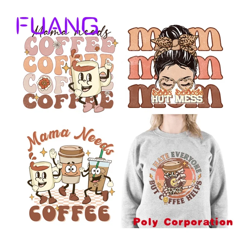 Pegatinas de transferencia de calor para camisetas, diseños personalizados de café del Día de la madre, pegatinas de Plastisol listas para prensar en caliente, impresión DTF