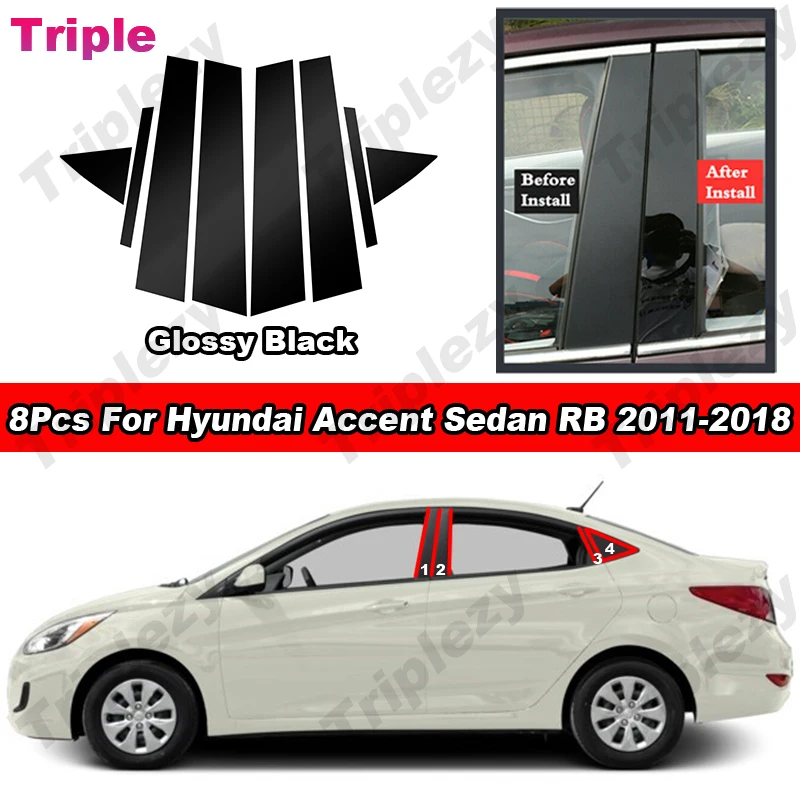 

8Pcs For Hyundai Accent Sedan RB 2011-2017 Glossy Black/Carbon Fiber B C Pillar Post Cover PC Material Car Door Trim Sticker