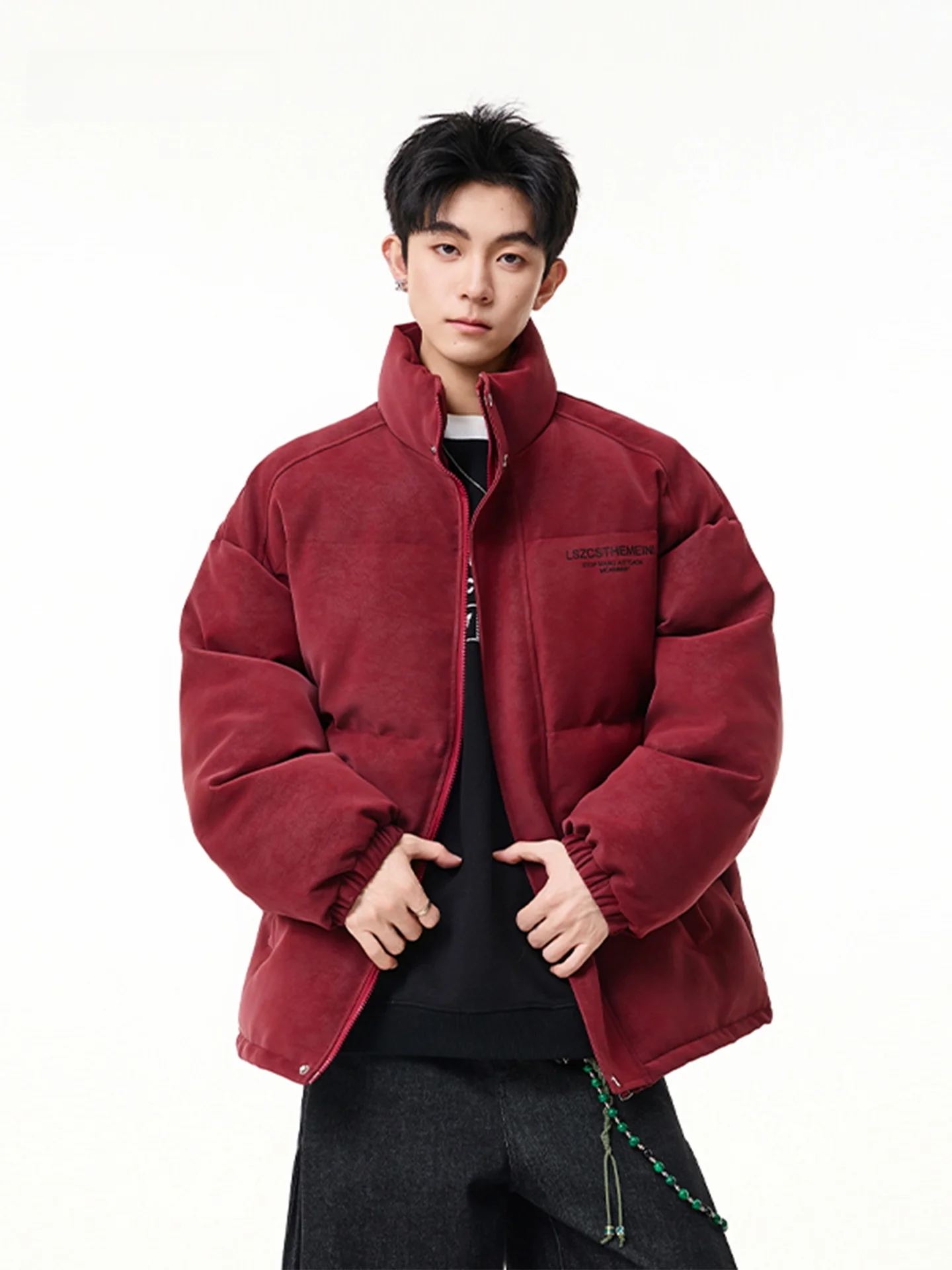 

American Sle Matte PU Leather Stand Collar Cotton Jaet Thi Warm Simple Design Winter New Arrival for Men And Women Red