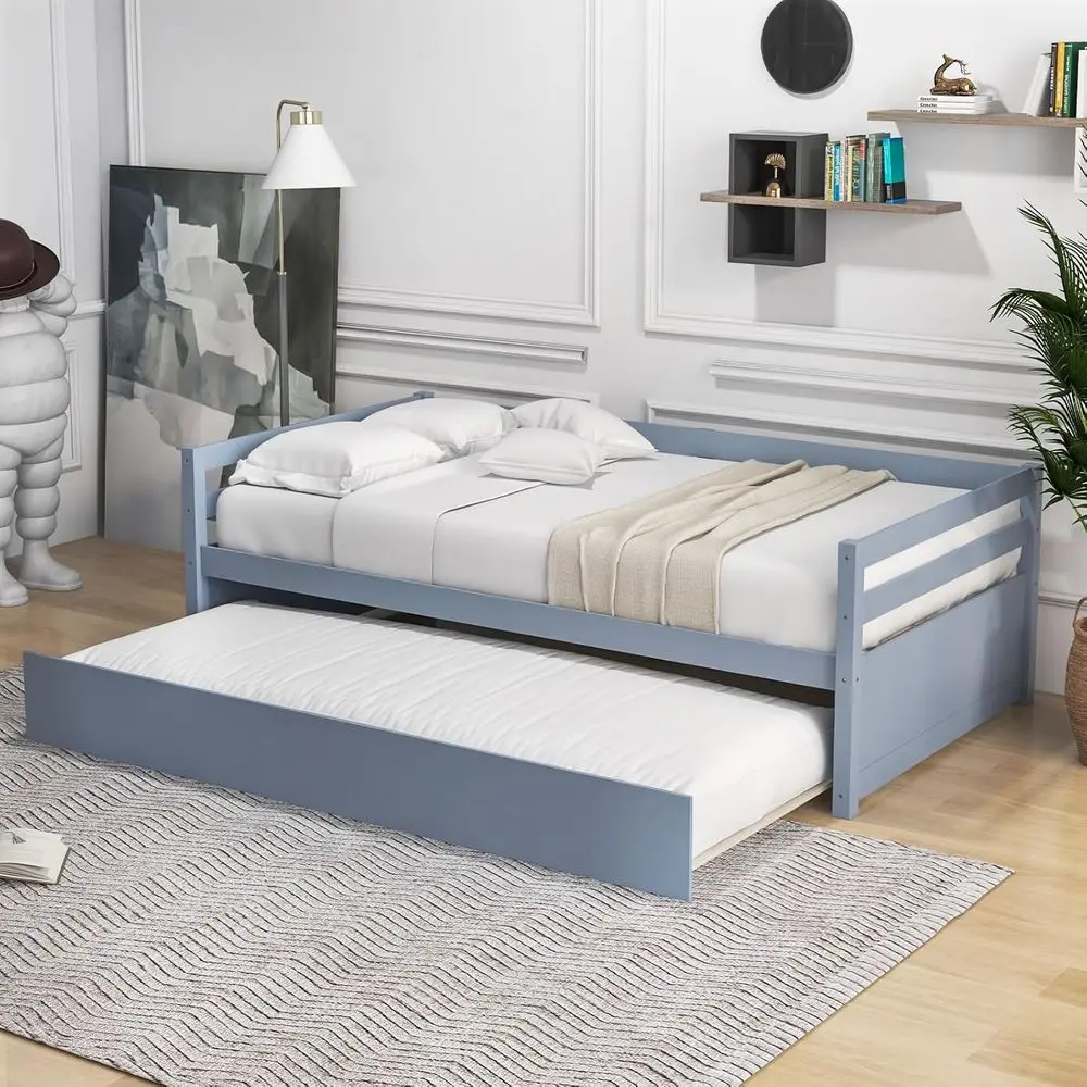 

Wood Daybed with Trundle, Twin Size Day Bed with Pollout Trundle & Wooden Slats Support, Space-Saving Twin Daybed e or Kids Teen