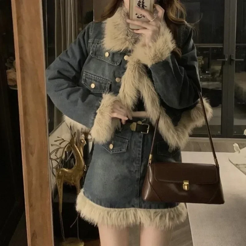 Chic Faux Fox Fur Collar Splicing Denim Jacket Cotton Quilted Jeans Coat Hairy Edges Tops+High Waist A-Line Half Skirt 2Pcs Set