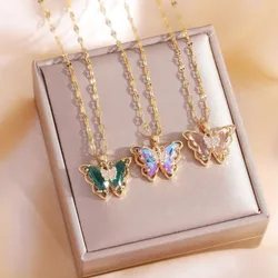 Exquisite Crystal Double Butterfly Pendant Necklace for Women Luxury Stainless Steel Zircon Collarbone Chain Jewelry Fastness