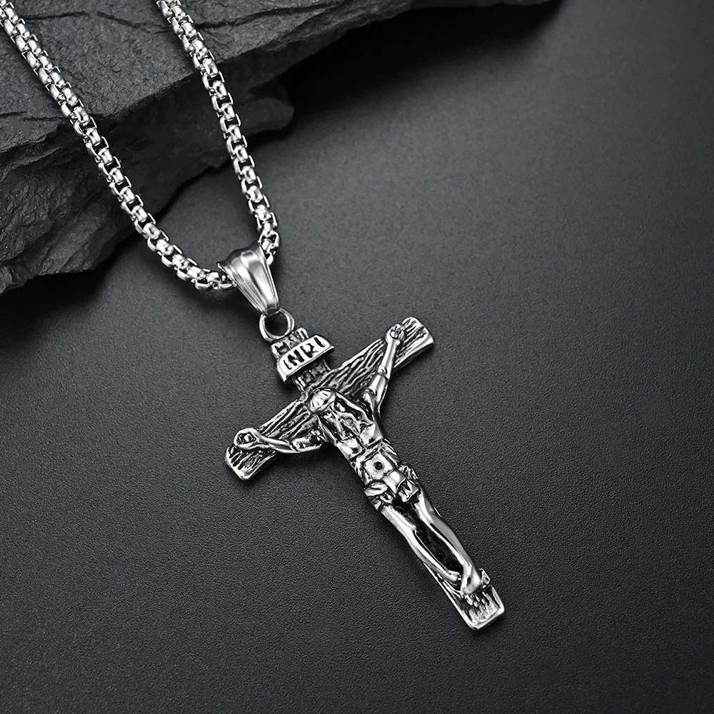 Vintage Stainless Steel Cross Jesus Necklace Pendant Men Women Religious Catholic Cross Necklace Chain Amulet Jewelry Gift