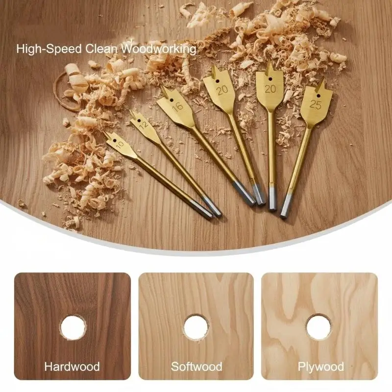 6Pcs Wood Flat Drill Bit Kit High Precision Fast Drilling Tip Professional Carpentry Tool for Woodworking Home Cabinet Repair D