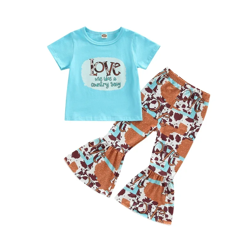 Kids Girls Valentine s Day Outfits Letter Print Round Neck Short Sleeve T-Shirts Tops Cow Spots Print Flare Pants 2Pcs Set