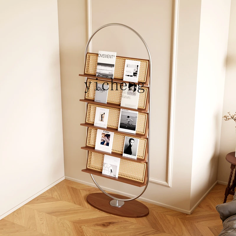 HD Books and Magazines Rack Medieval Display Rack Storage Newspaper Picture Books Solid Wood Rattan Rack