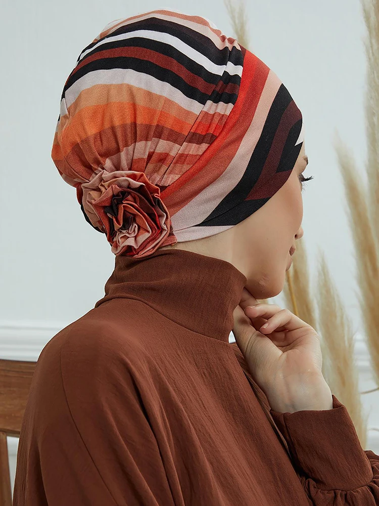 Floral Muslim Hijab Islamic Instant Turban Woman Striped Pattern, Flower Shaped Decoration