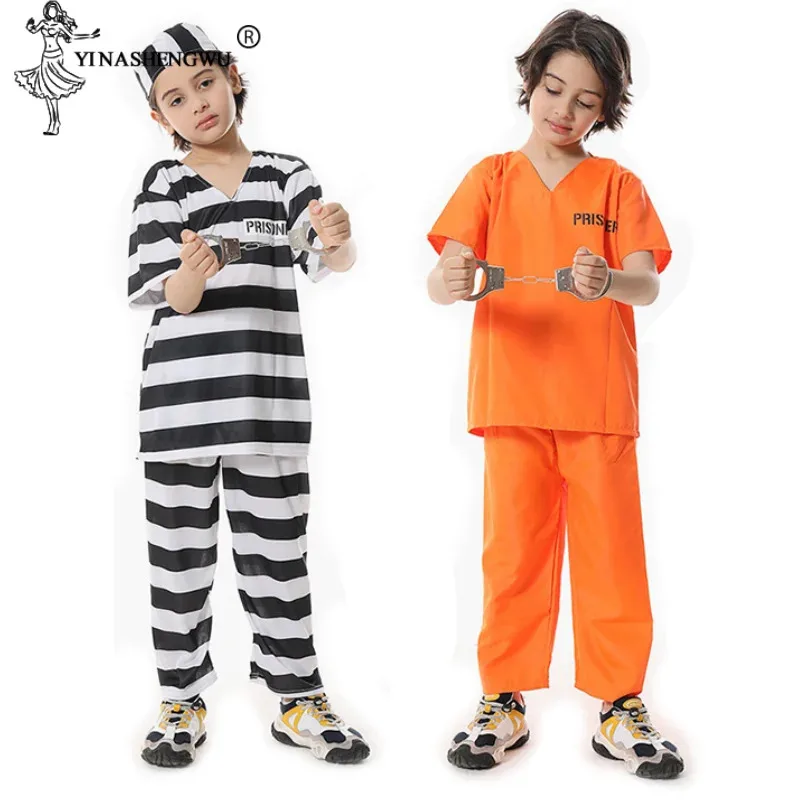 Inmate Cosplay Costume Orange Prisoner Jumpsuit Jailbird Outfit For Adult Child Set Halloween Christmas Costume Family Clothing