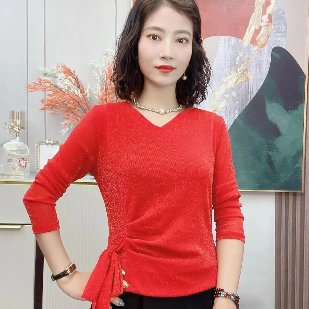 New Bright Silk Mesh T-shirt Women's Long Sleeved Bottoming Shirt Spring Autumn Bow Waistband V-neck Pullovers Top