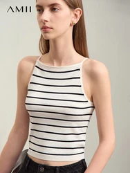 Amii Minimalism 2024 Summer New French Striped Knitted Camisole Women Undershirt Female Slim Tanks Inside Short Tops 12422089