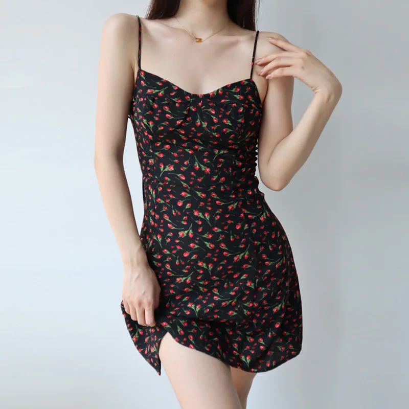 French Niche Retro Floral Sleeveless High Waist V-neck Suspender Dress Women Summer Sexy Slim Skirt