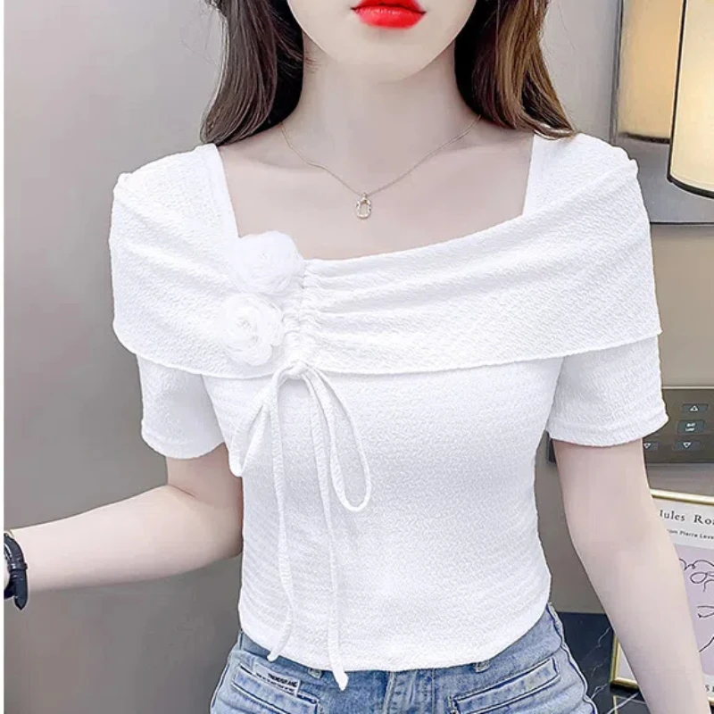 Fashion Irregular Lacing T Shirts Summer New Short Sleeve Solid Color Drawstring Slim Short Tops Tees Sexy Sweet Women Clothing