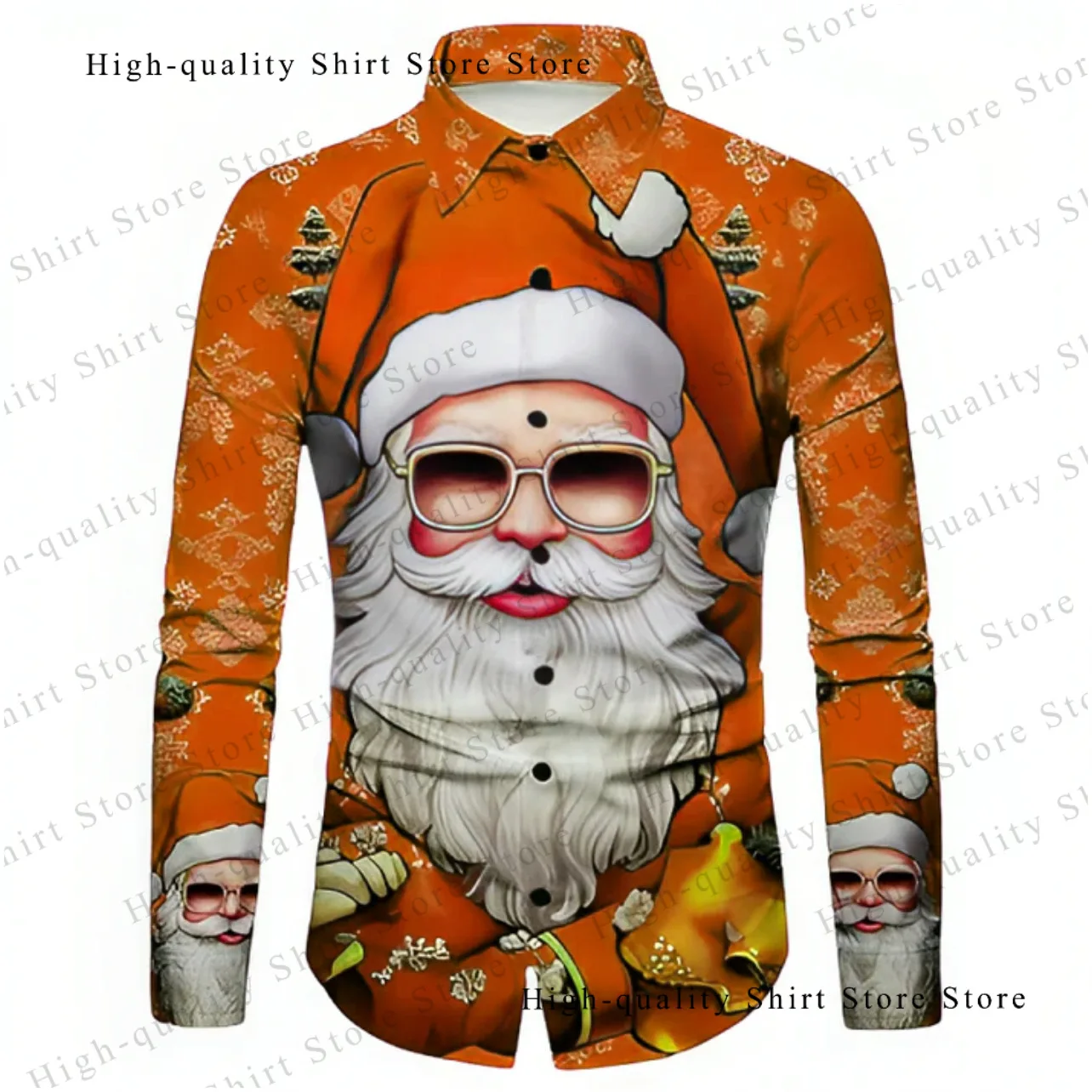 Men's Santa Claus shirt, comfortable, breathable, fashionable, plus size Christmas long sleeved shirt with collar design