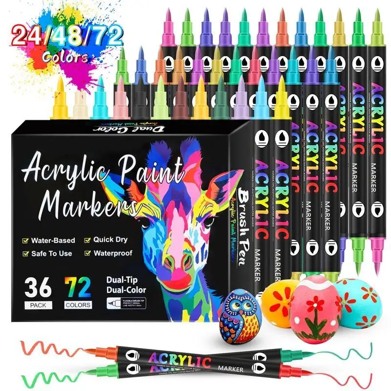 Acrylic Paint Markers, Dual-Tip Dual-Color Pens, Suitable for Rock Painting, Canvas, Wood, Glass, Ceramics, Fabric, Plastic, and Egg-Shaped Soft Brush Tips