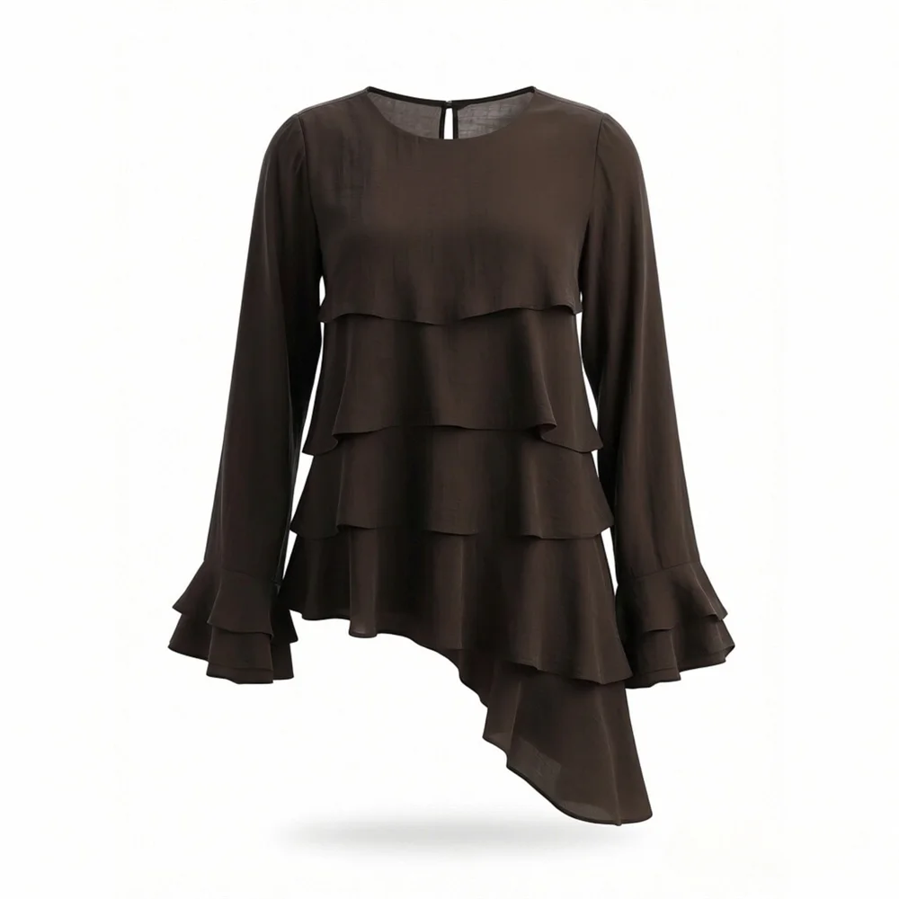 

2026 new women's sweet and fashionable long sleeved round neck asymmetrical layered decorative shirt top