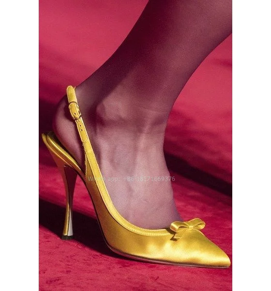 

Satin Yellow Bowtie Slingback Sexy Sandals Lady Luxury Thin High Heel Pointed Toe Pumps Fashion 2024 Dress Women Shoes Show