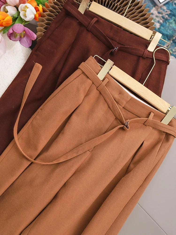 

Женские брюки Ele с высокой талией, шерстяные, повседневные, прямого кроя, длиной 7/8, с поясом, из смесовой ткани (полиэстер, хлопок, шерсть)