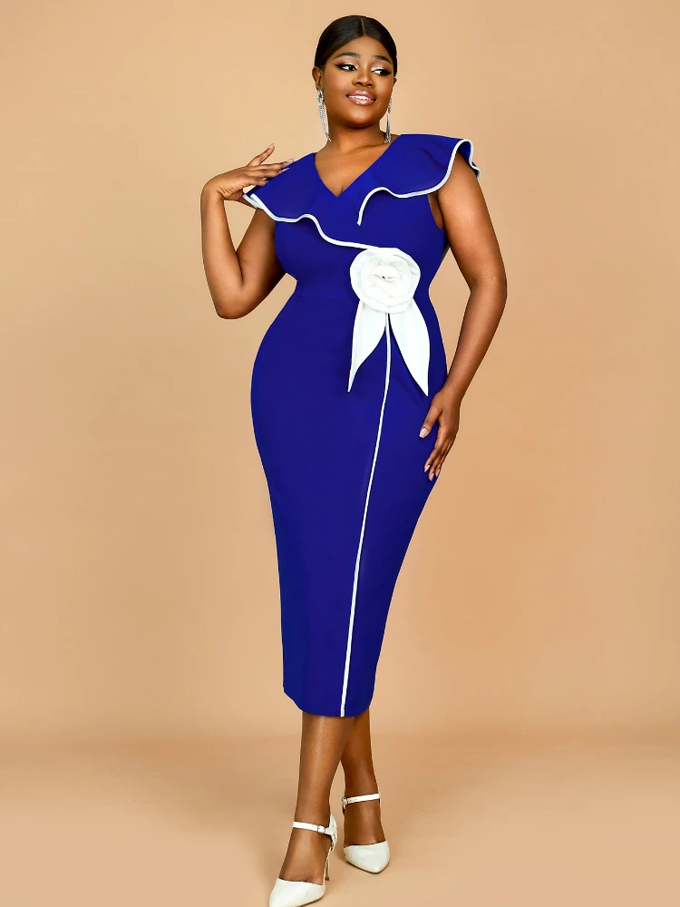 V넥과 3D 꽃 디테일이 있는 러플 트림 바디콘 미디 드레스는 결혼식, 사무실 착용 및 공식적인 특별 행사에 적합합니다.