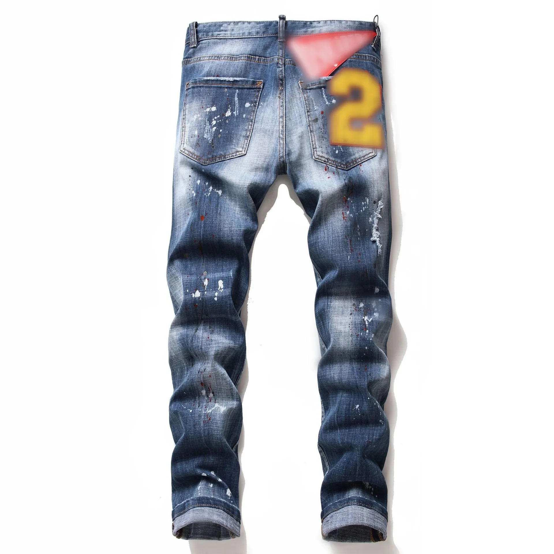 Europe and the United States new ragged line splash paint men's slim hole big badge elastic straight tube male jeans