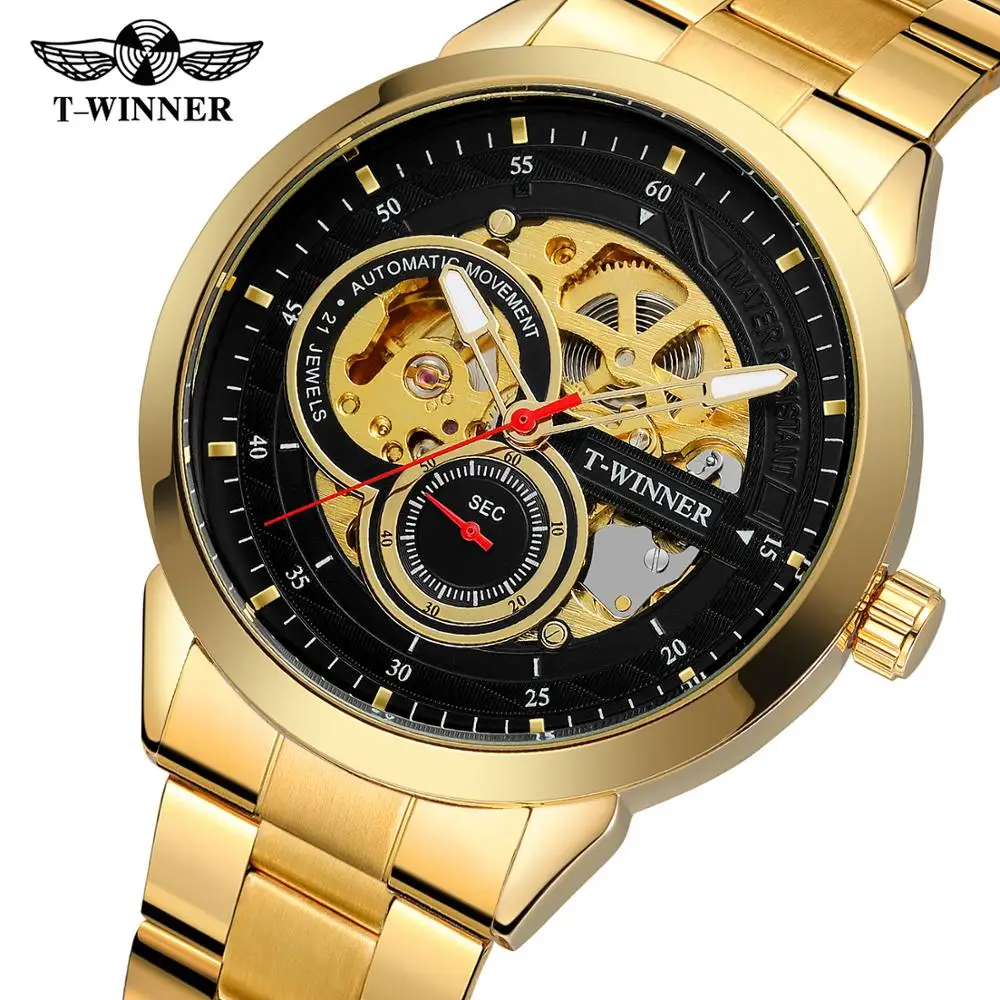 

Fashion T-winner Men's Top Brand Luxury Golden Automatic Analog Mechanical Wristatch with Full Stainless Steel Bracelet