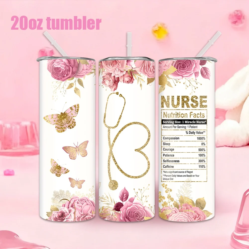 1 Stück 20oz Trinkflasche mit Strohhalm, Pflegeetikett, Blumen- und Schmetterlingsmuster, isolierter Edelstahl-Trinkbecher.
