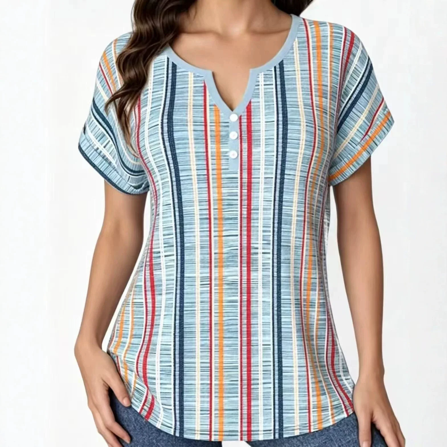 Women's Vertical Striped Henley Shirt Short Sleeve V-Neck Button Front Contrast Trim Casual Summer Top