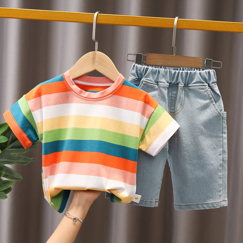 Baby Summer Trend Quality Clothes Set Children's Denim Shorts + Cotton Handsome T-Shirt 2-Piece Set