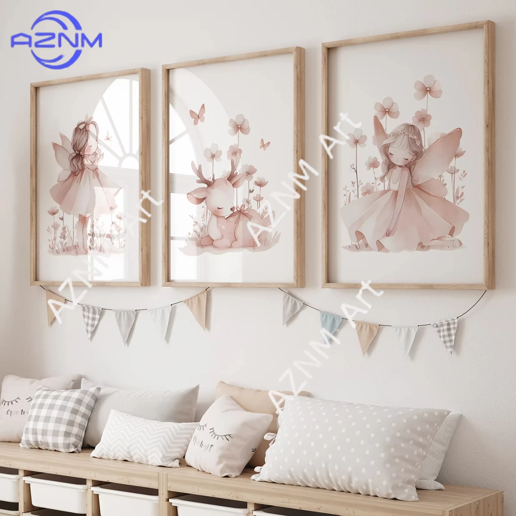 1/3PCS ，artoon Children Pink Fairy Sika Deer Wall Art Prints Canvas Painting Poster Picture For Living Room Home Decor 3 sold