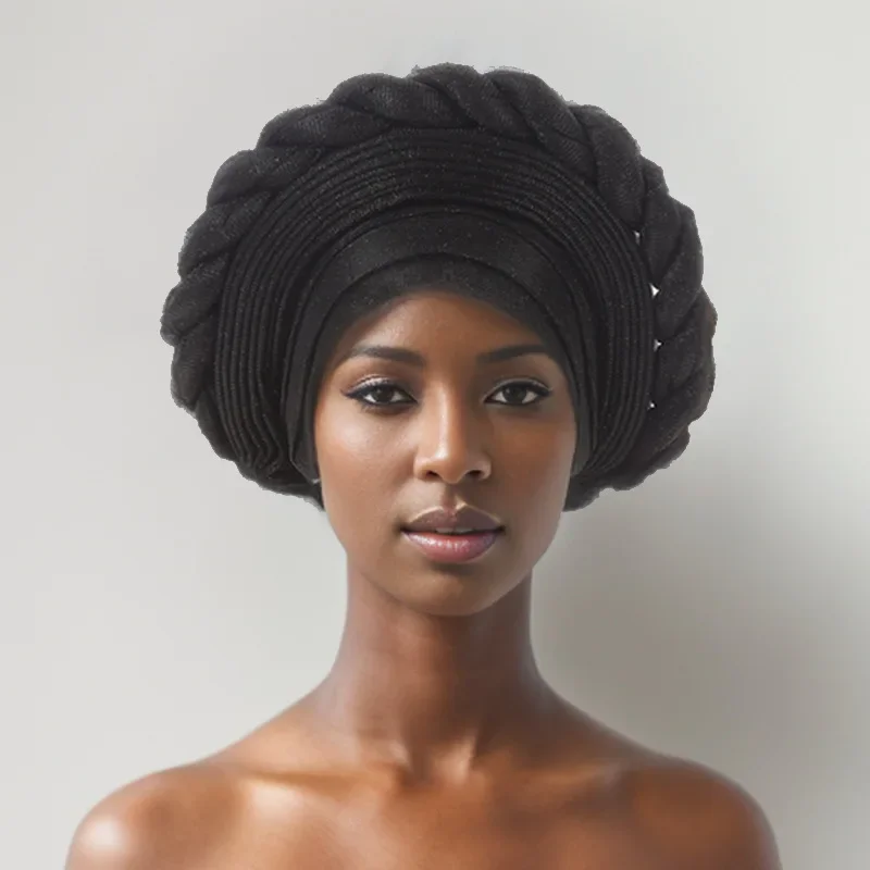

2025 New African Headtie Braids Turban Nigeria Head Ties Shimmer Already Made Auto Gele Women Head Wrap for Wedding Party Bonnet