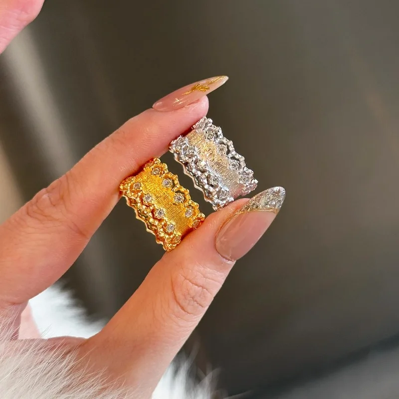 

Luxury vintage lace silver 925 hollow out inlay diamond brushed rings exquisite wide engagement ring wedding jewelry gifts