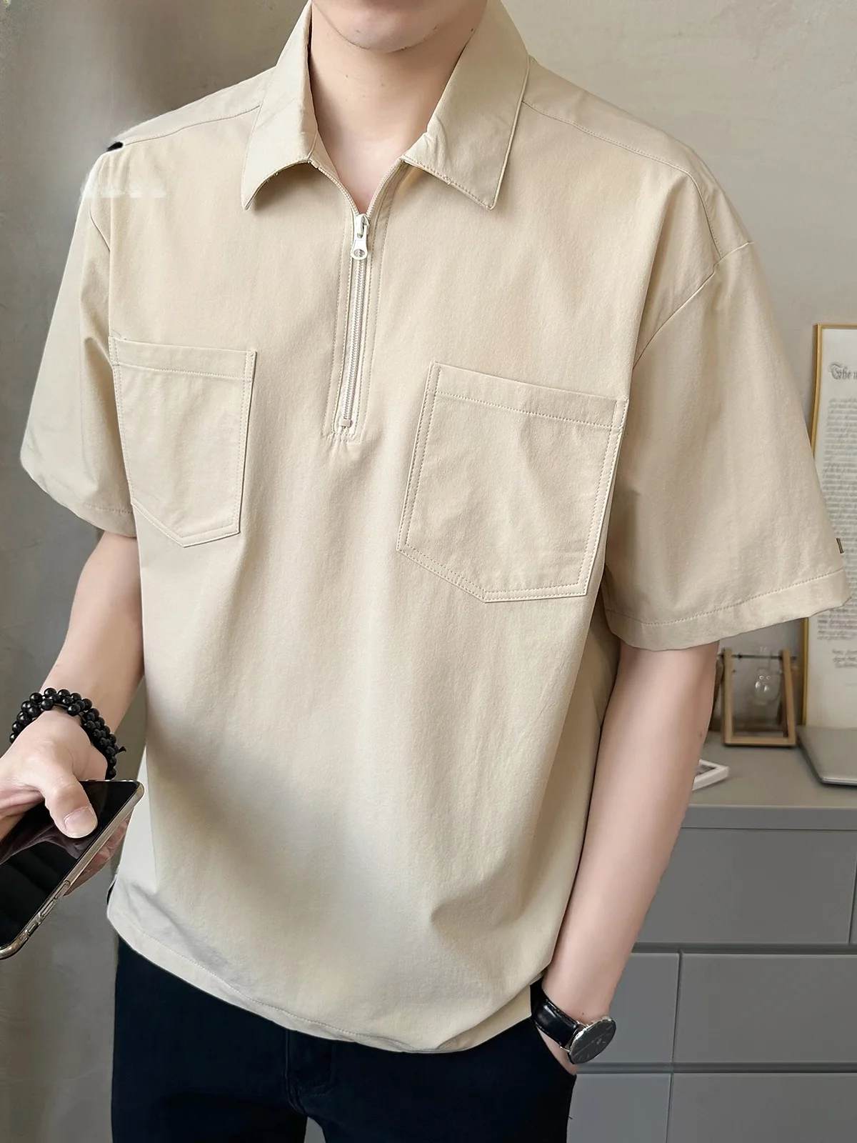 

Рабочая одежда: Мужская летняя модная свободная футболка с коротким рукавом, молодежная, с молнией, в стиле поло.