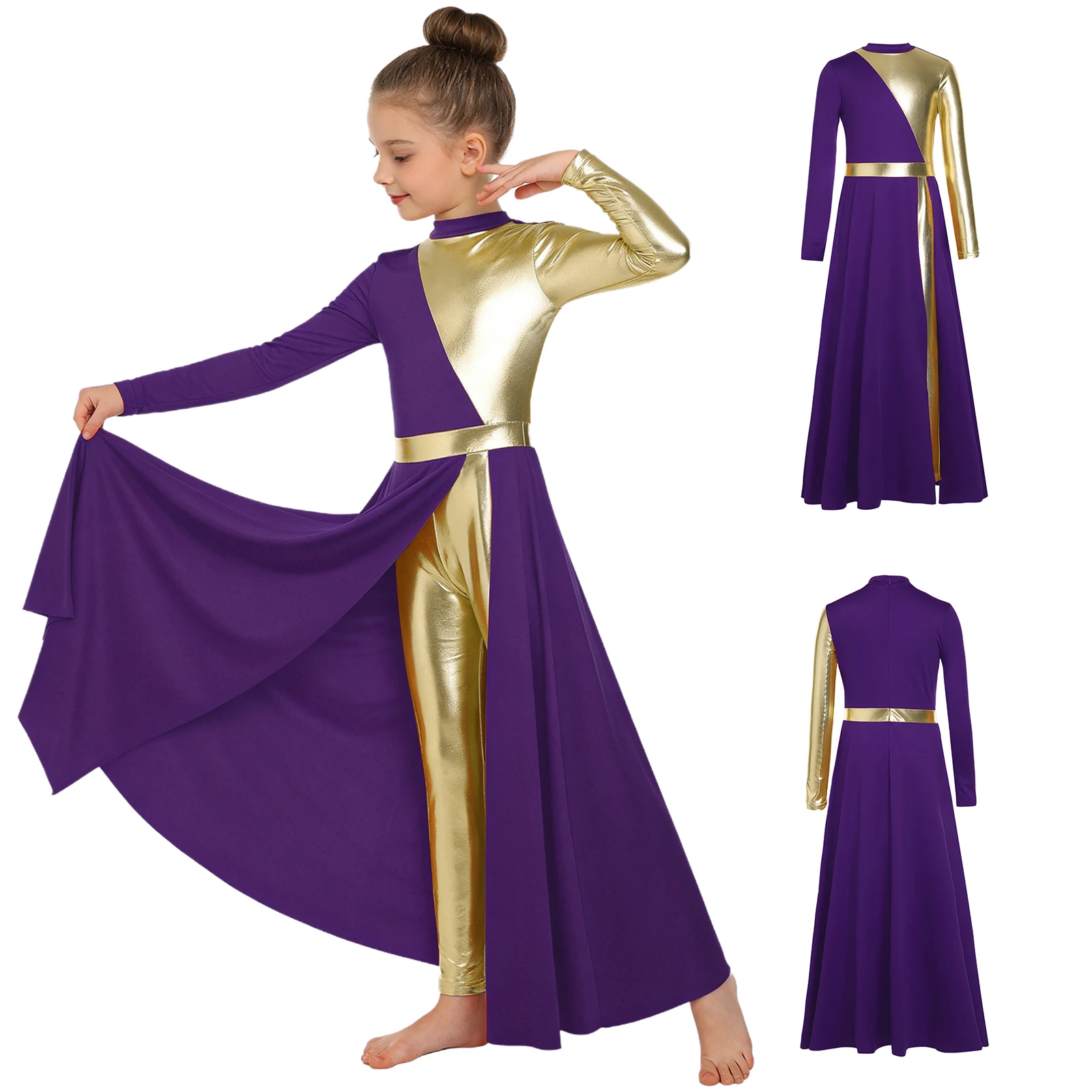 

Kids Girls Worship Liturgical Praise Dance Dress Church Choir Lyrical Contemporary Dancewear Long Sleeve Split Dress Leotard