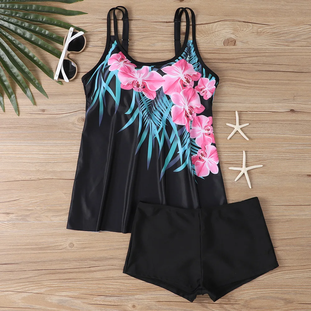 Women Tropical Leaf Floral Tankini Swimsuit Double Straps Scoop Neck Flowy A-Line Top Boyshort 2 Piece Modest Beach Bathing Suit