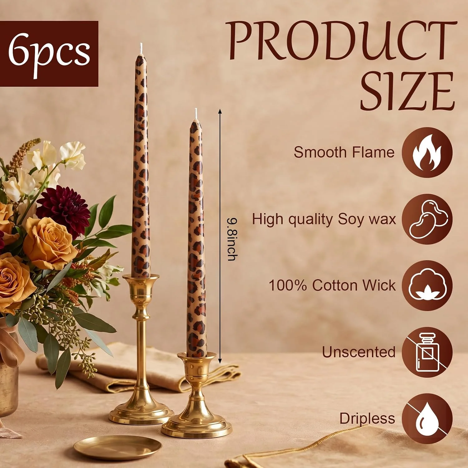 6 Pcs Leopard Long Taper Candles 10 Inch Cheetah Print Candles for Animal Theme Party Dinner Table Home Bathroom Birthday Decor