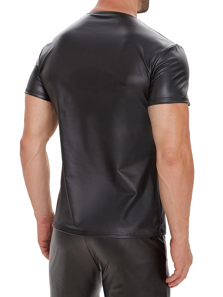 ماتي لامعة الأسود تانك القمم الرجال ضيق بولي Leather تي شيرتات جلدية مثير كلوبوير القمم رجل الملابس مطاطا المشكل فاسق الموضة