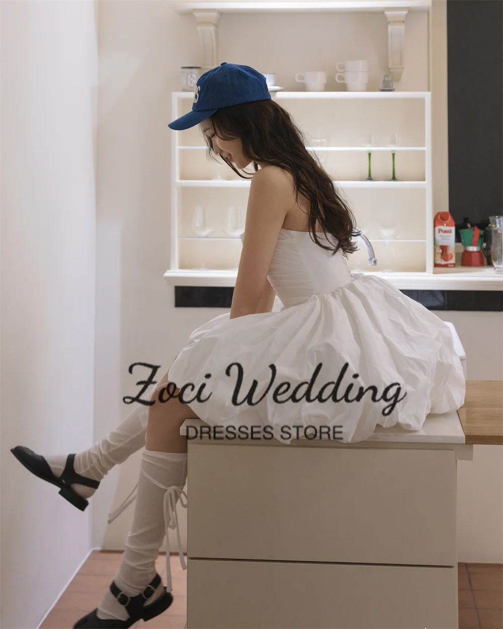 Zoci Princess Strapless Short Korea Wedding Dresses Photos Shoot Customized Puffy A Line Spaghetti Strap Sleeveless Bride Dress