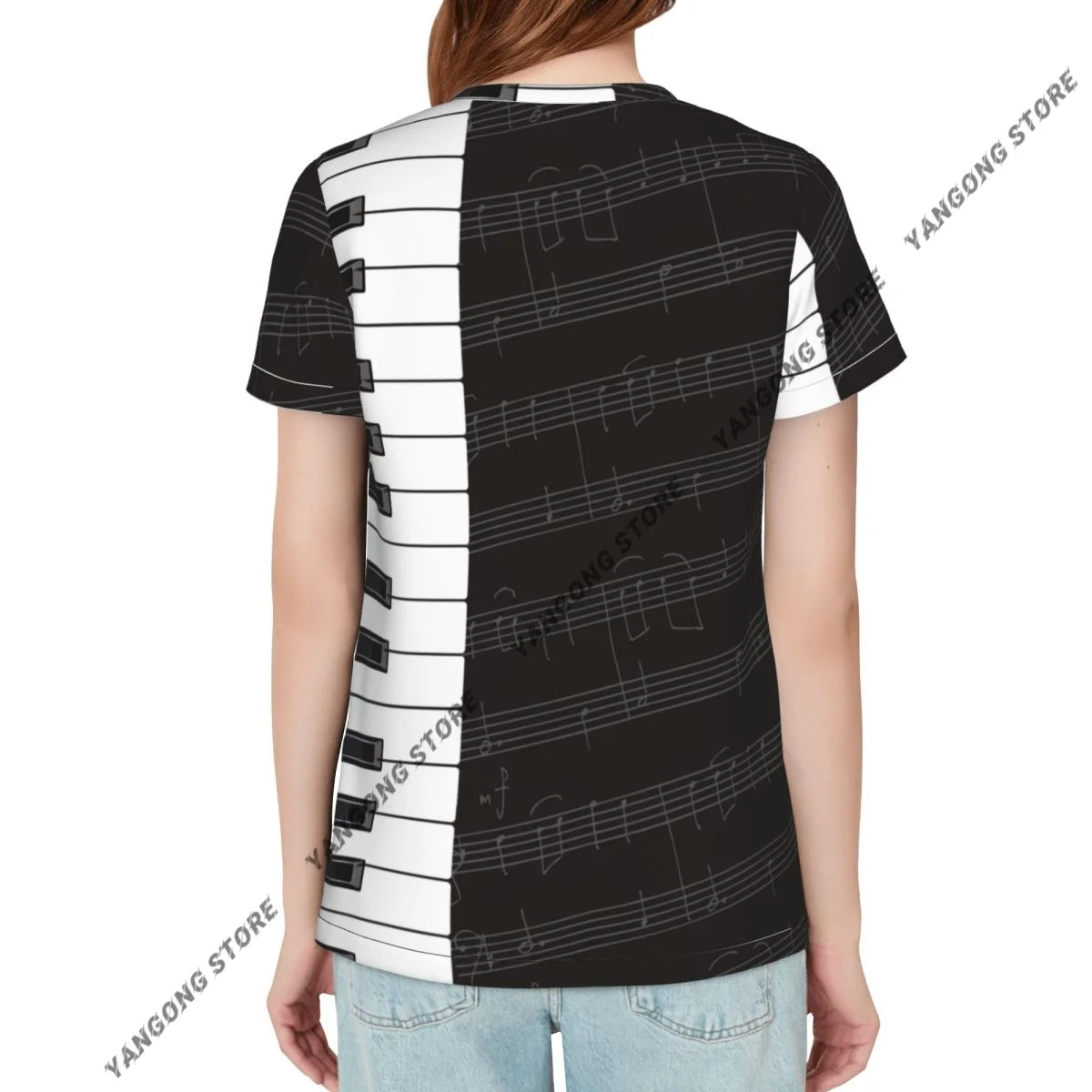 Women's T-shirt Piano Keys And Notes Print Tshirt Women Casual O-Neck Short Sleeve Tops Tees Clothing