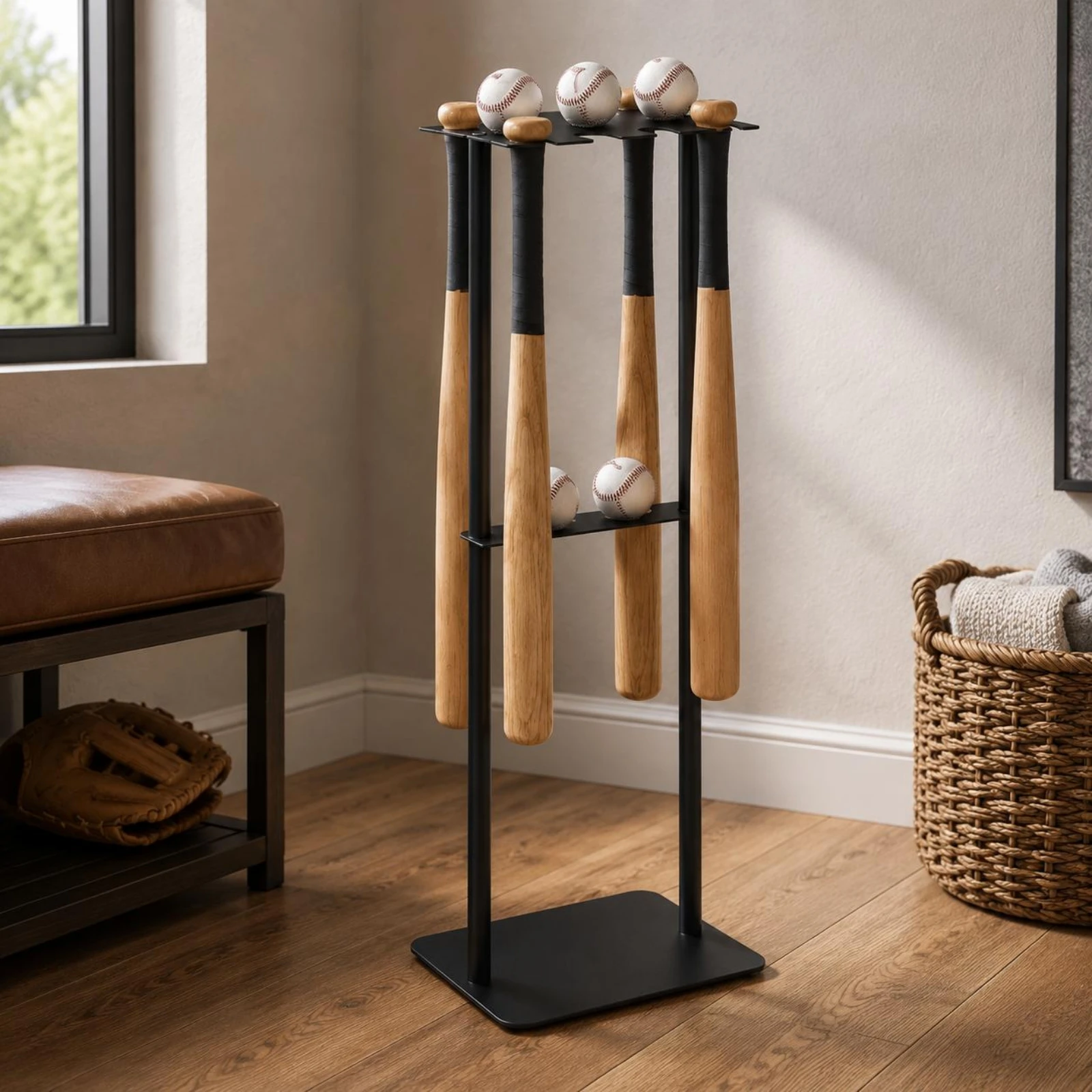 Metal Baseball Display Rack Mobile Baseball Club Storage Rack Floor Club Holder Free Standing Stable Base for Sports Room
