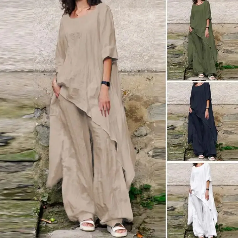 Women Eid Muslim Sets Ensemble Two Pieces Cotton Linen Shirt Kaftan Solid Blouses Wide Leg Pants Arab Islam 2024 Outfit Suits