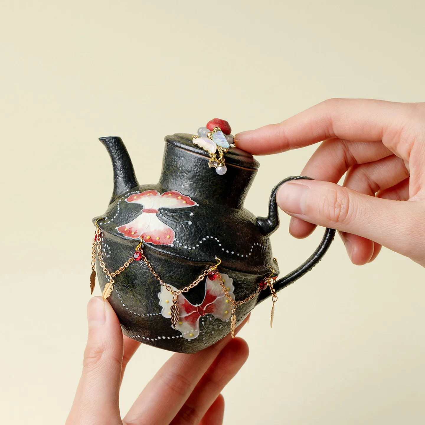 In Mountains Returning To The Pine Trees Rock Black Glaze Hand-Painted 