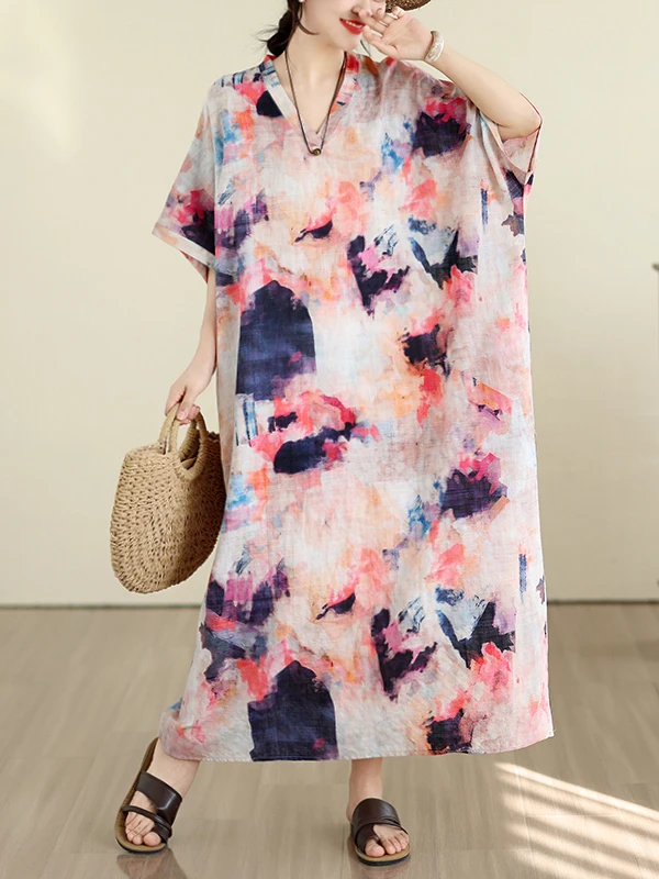 Bohemian Gradient Print Cotton Lin Dress Women Summer New Loose Slimming V-neck Holiday Long Dress A-line Skirt Casual Wear